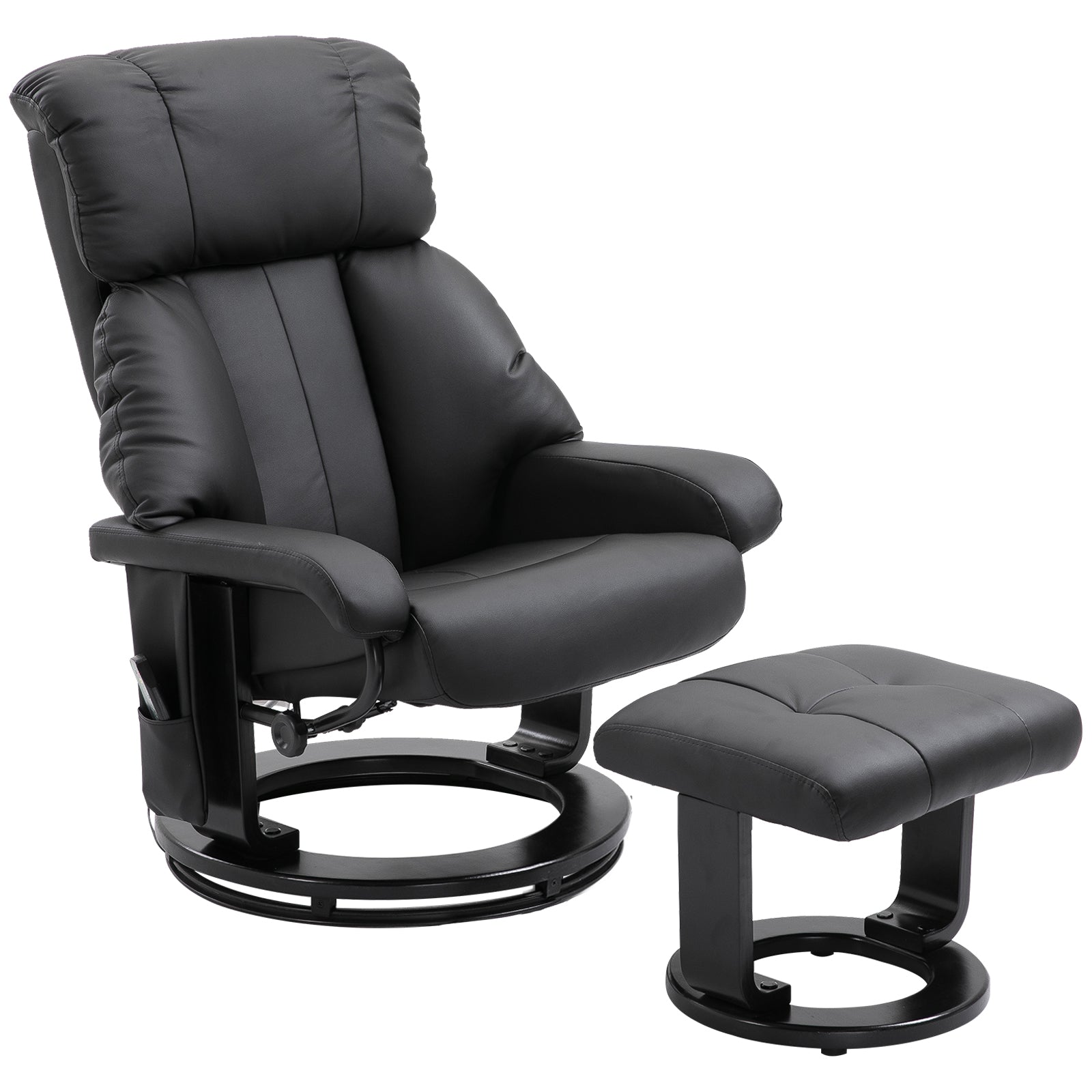 Massage Recliner Chair with Ottoman, 360° Swivel Recliner and Footstool, 10 Point Vibration, PU Leather Reclining Chair with Side Pocket and Remote Control, Black