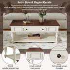 Farmhouse Coffee Table With One Drawer, Easy Assembly, Retro Movable Rectangular Cocktail Table With Lockable Wheels, Country Style Center Table With Solid Wood Legs For Living Room, Walnut+White