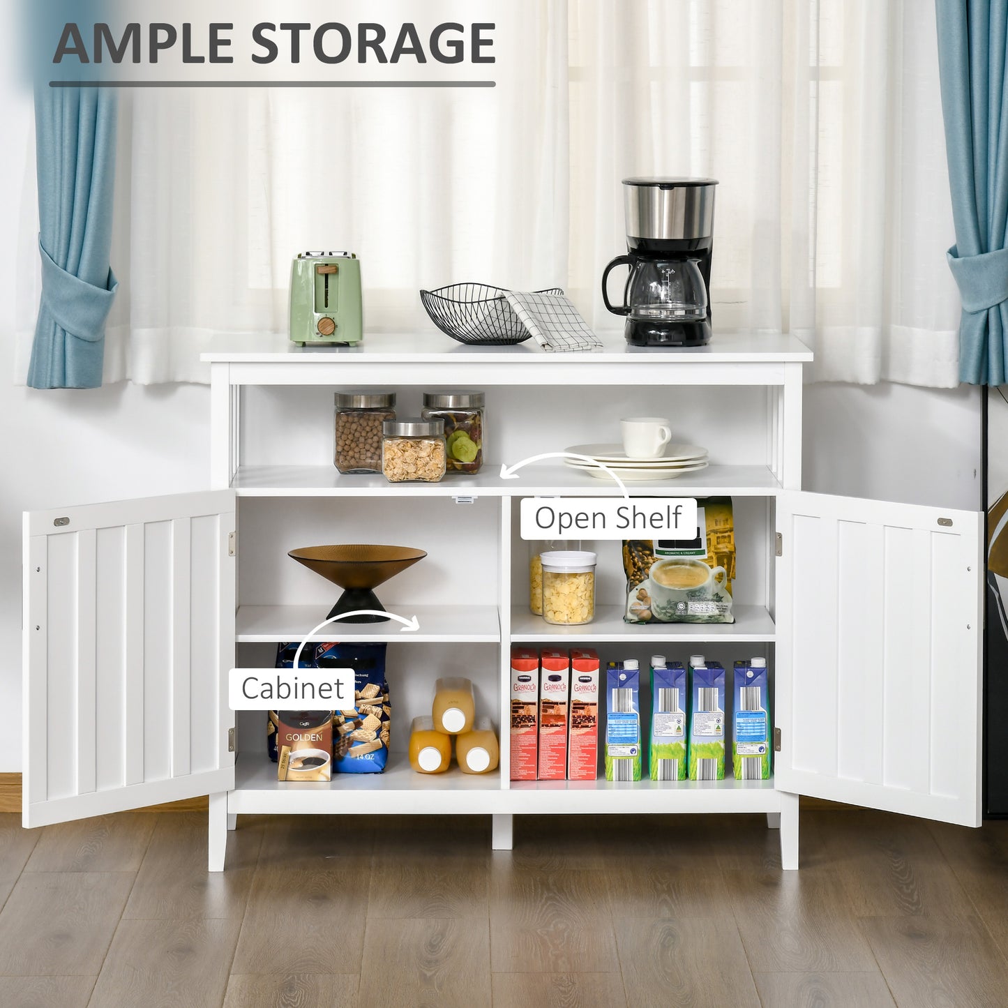 Sideboard Buffet Cabinet, Coffee Bar Cabinet with 2 Doors and Adjustable Shelves, Console Table for Kitchen Entryway Living Room, White