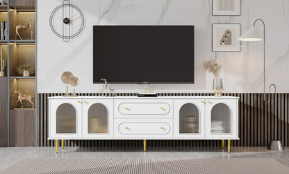 VIBE HAUS 78.7 Modern TV Stand, TV Cabinet With Five Metal Legs And Metal Handles, 2 Drawers And 2 Cabinets With Fluted Glass Doors For Living Room, Up To 80