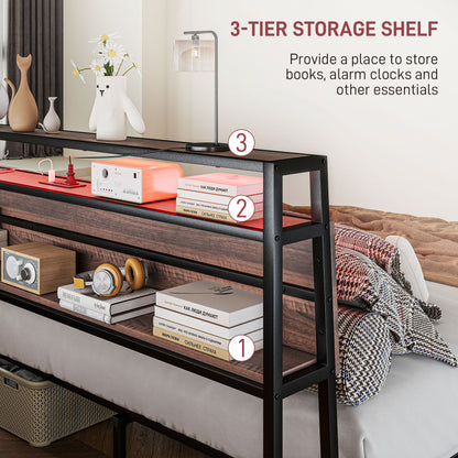 Queen Size Bed Frame with LED Lights and Charging Station, Queen Bed Frame with Storage Headboard, Noise-Free, Walnut