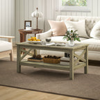 Coffee Table with Tempered Glass Tabletop, Living Room Table with Wood Frame and Underneath Storage Shelf, Gray
