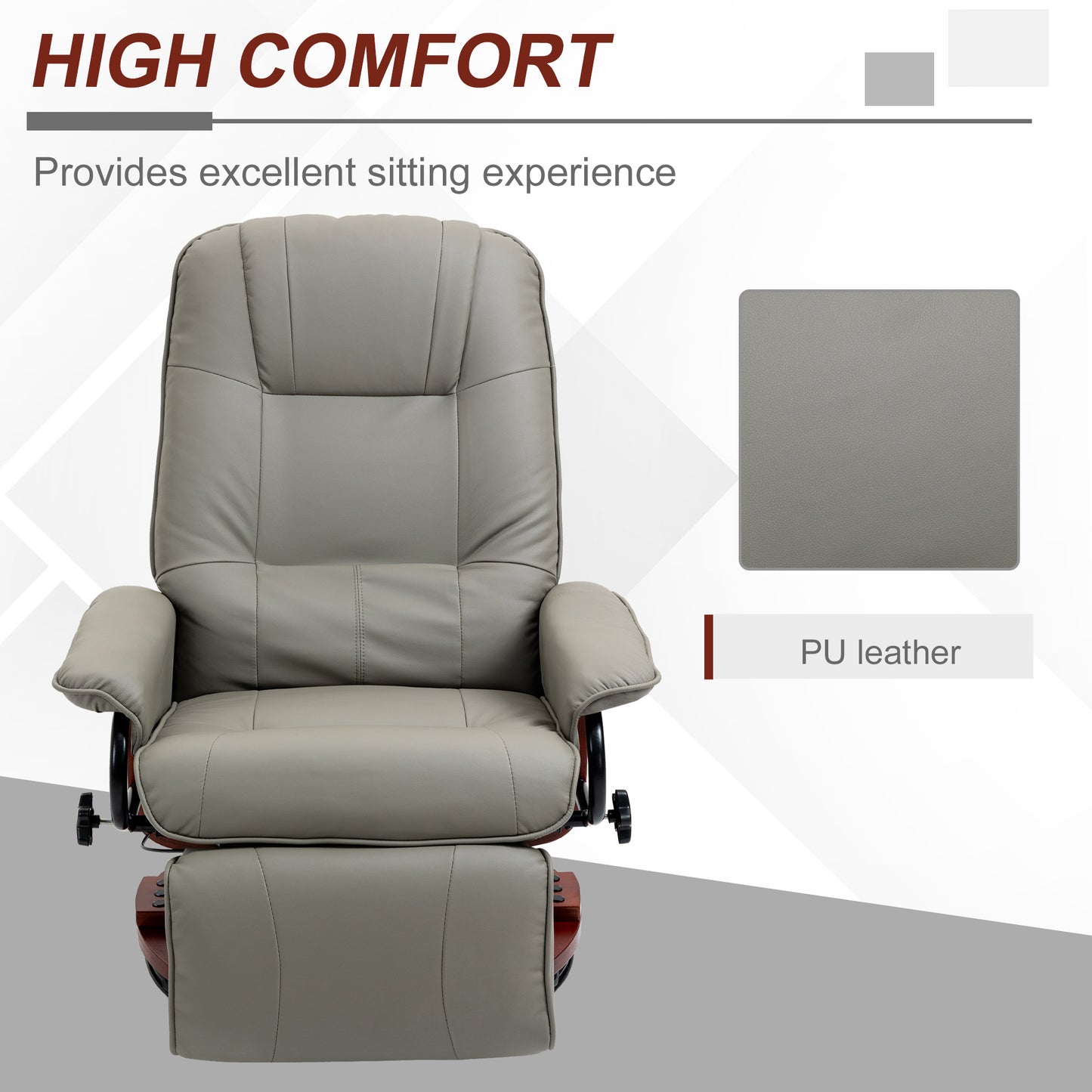 Faux Leather Manual Recliner, Adjustable Swivel Lounge Chair with Footrest, Armrest and Wrapped Wood Base for Living Room, Gray