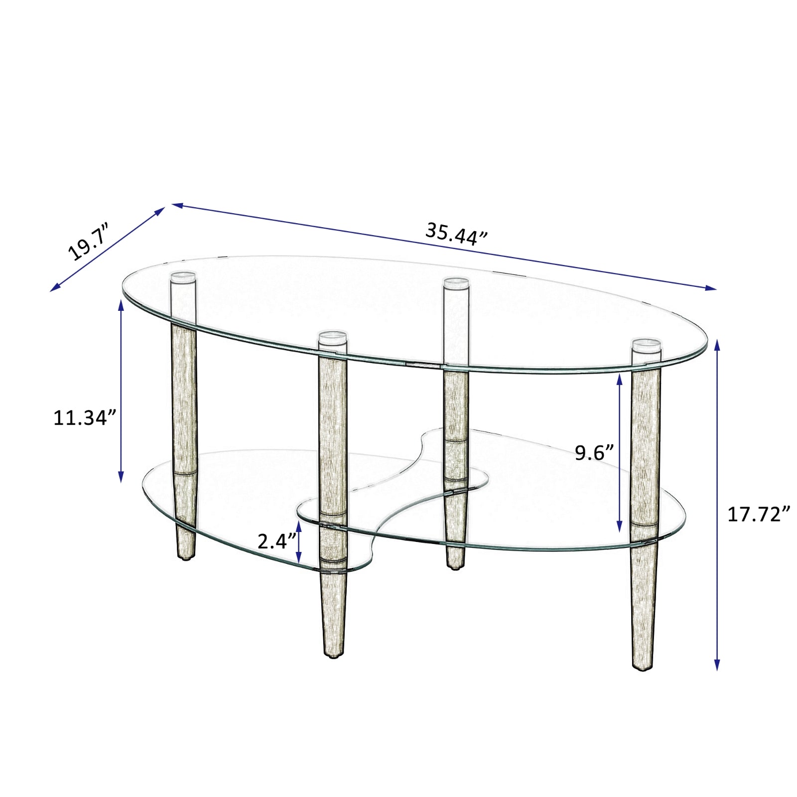 Transparent Oval Glass Coffee Table, 3-Layer Oak Leg Modern Living Room Table