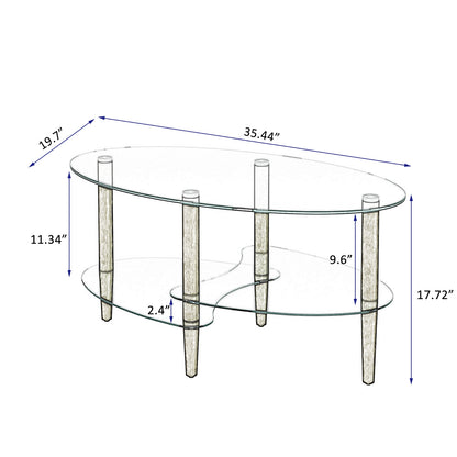 Transparent Oval Glass Coffee Table, 3-Layer Oak Leg Modern Living Room Table