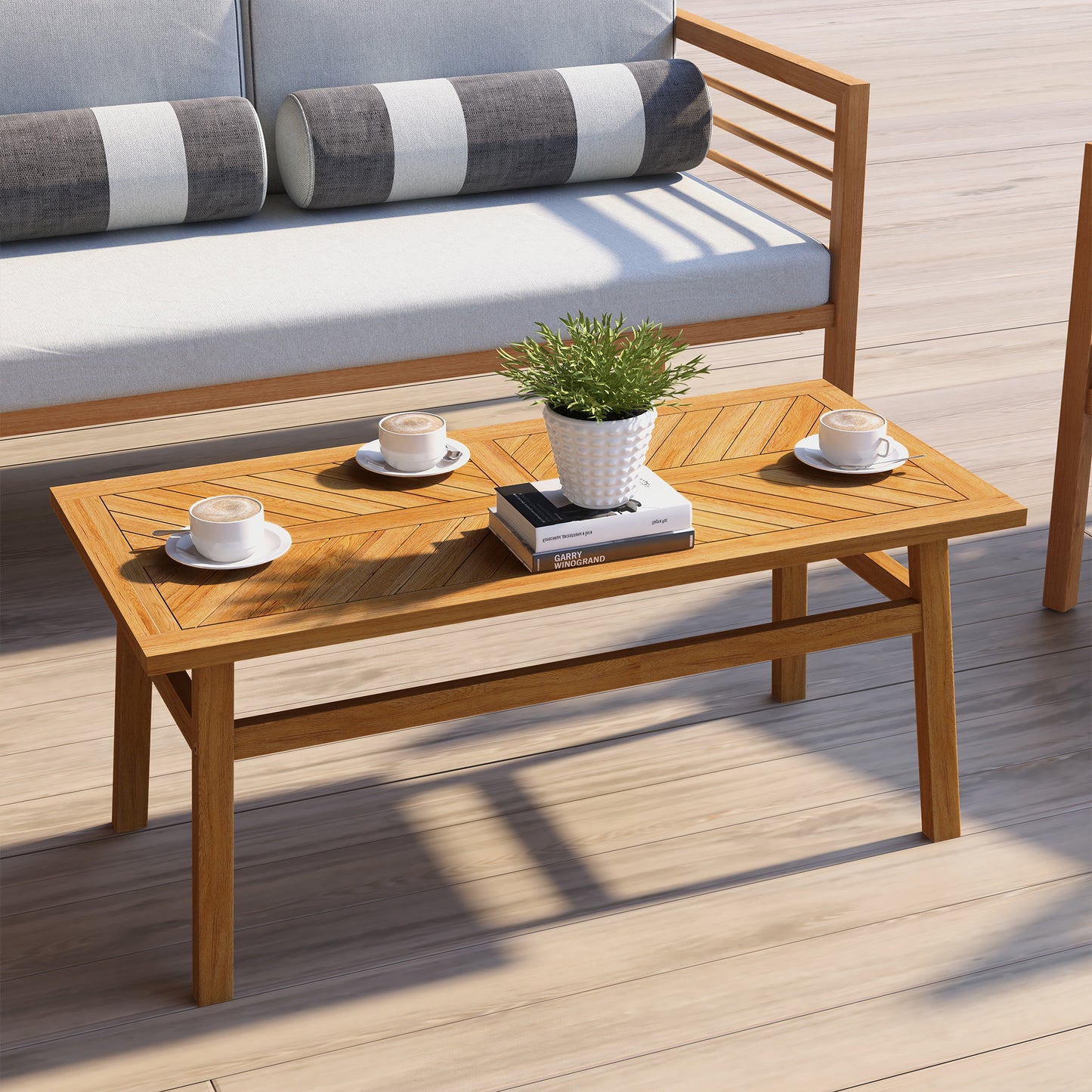 Outdoor Coffee Table, Acacia Wood Rustic Patio Table for Garden, Backyard, Balcony, Deck, Natural Wood