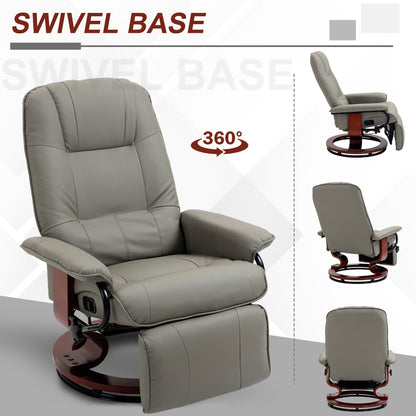 Faux Leather Manual Recliner, Adjustable Swivel Lounge Chair with Footrest, Armrest and Wrapped Wood Base for Living Room, Gray
