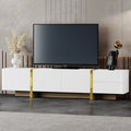 ON-TREND Luxury Fluted TV Stand For TVs Up To 80'', Modern Entertainment Center With Storage Cabinets & Drawers, Smooth Media Console With Golden Wood Grain Legs For Living Room, White