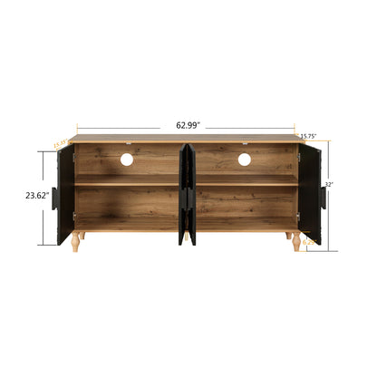 Black Carved Symmetrical Design Door And Wood Coloured Frame For TV Stand Table,Living Room ,Entryway