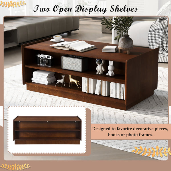 U-Can Modern Rectangle Coffee Table With 4 Drawers And 2 Display Shelves,  Wood Coffee Table With Fluted Style, Tempered Glass For Living Room