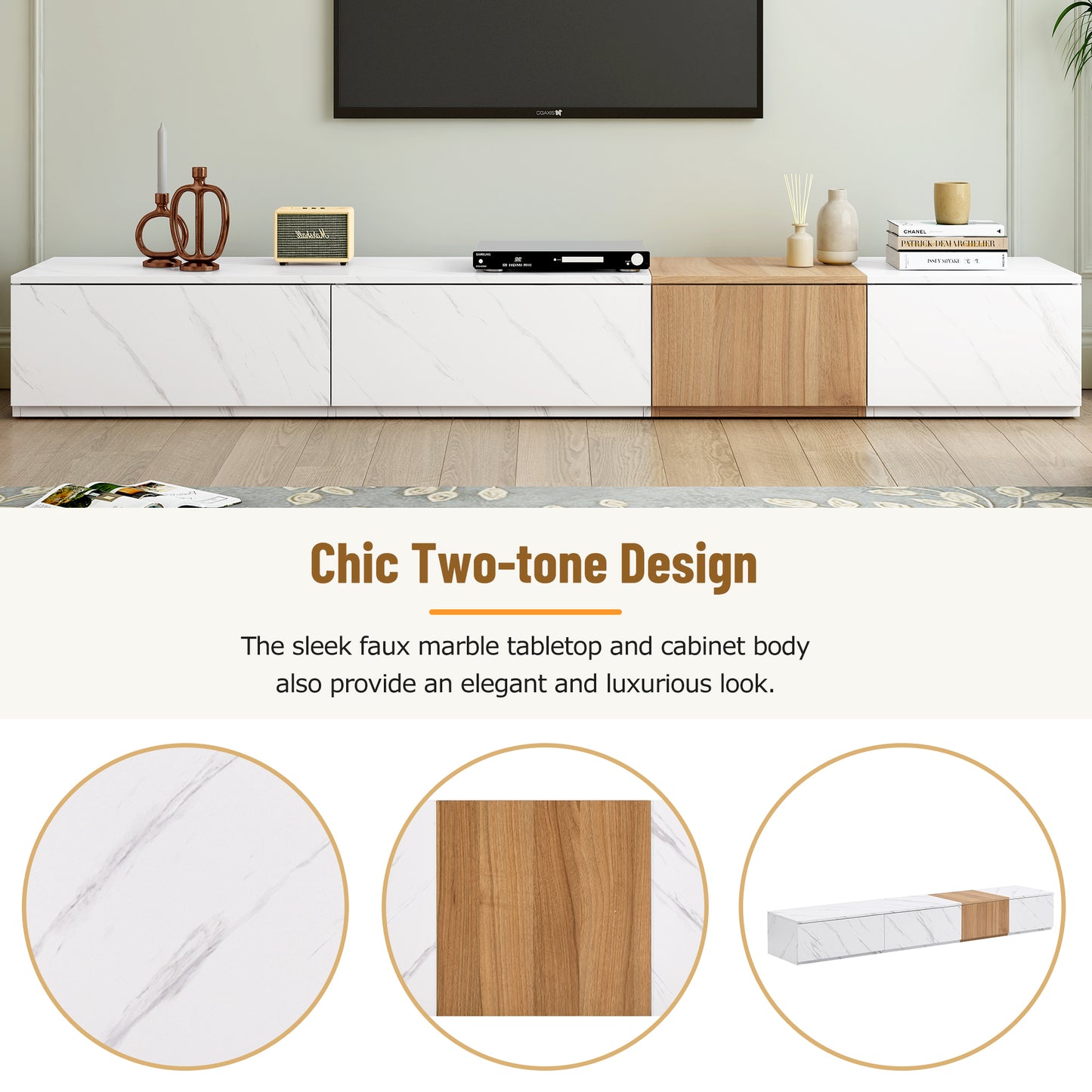 ON-TREND TV Stand With Faux Marble And Walnut Wood Grain Finish For TVs Up To 88'', Modern Free-Combination Entertainment Center With 4 Storage Drawers For Living Room, White