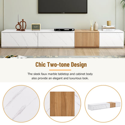 ON-TREND TV Stand With Faux Marble And Walnut Wood Grain Finish For TVs Up To 88'', Modern Free-Combination Entertainment Center With 4 Storage Drawers For Living Room, White