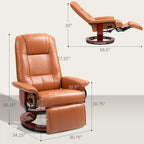 Faux Leather Recliner Chair, Swivel Recliner with Footrest, Armrest and Wood Base for Living Room, Light Brown