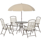 6-Piece Patio Dining Set With Umbrella, Folding Chairs & Glass Table, Beige - Outdoor Meal Setup