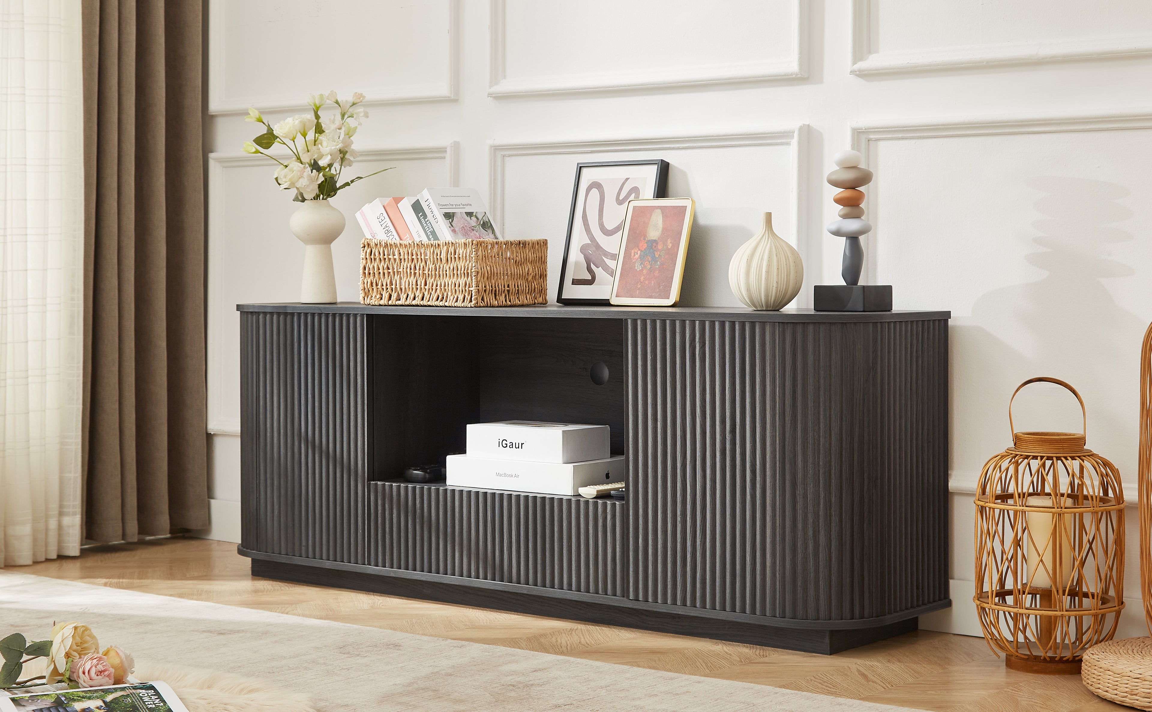 64 Inch Wavy TV Stand, Rounded Sideboard, Storage Cabinet  Wooden Vertical Stripe Cabinet For Living Room Bedroom Entryway Black,64W X 15D X 24H.