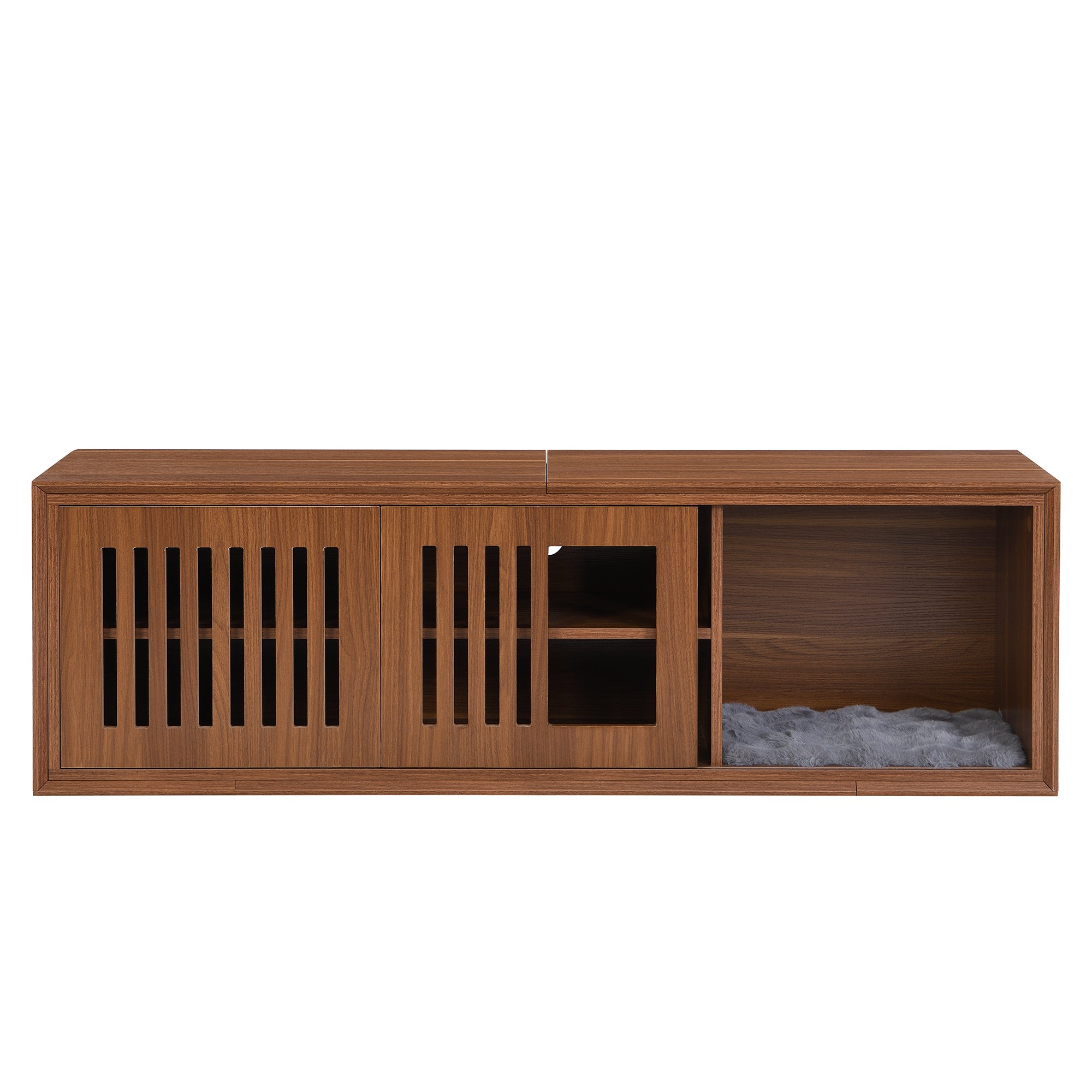 Mid-Century Modern 54.3 Extendable TV Stand Up To  With Cat House  Litter Box Enclosure  Walnut Wood Entertainment Center, Sliding Doors, Hidden Pet Furniture