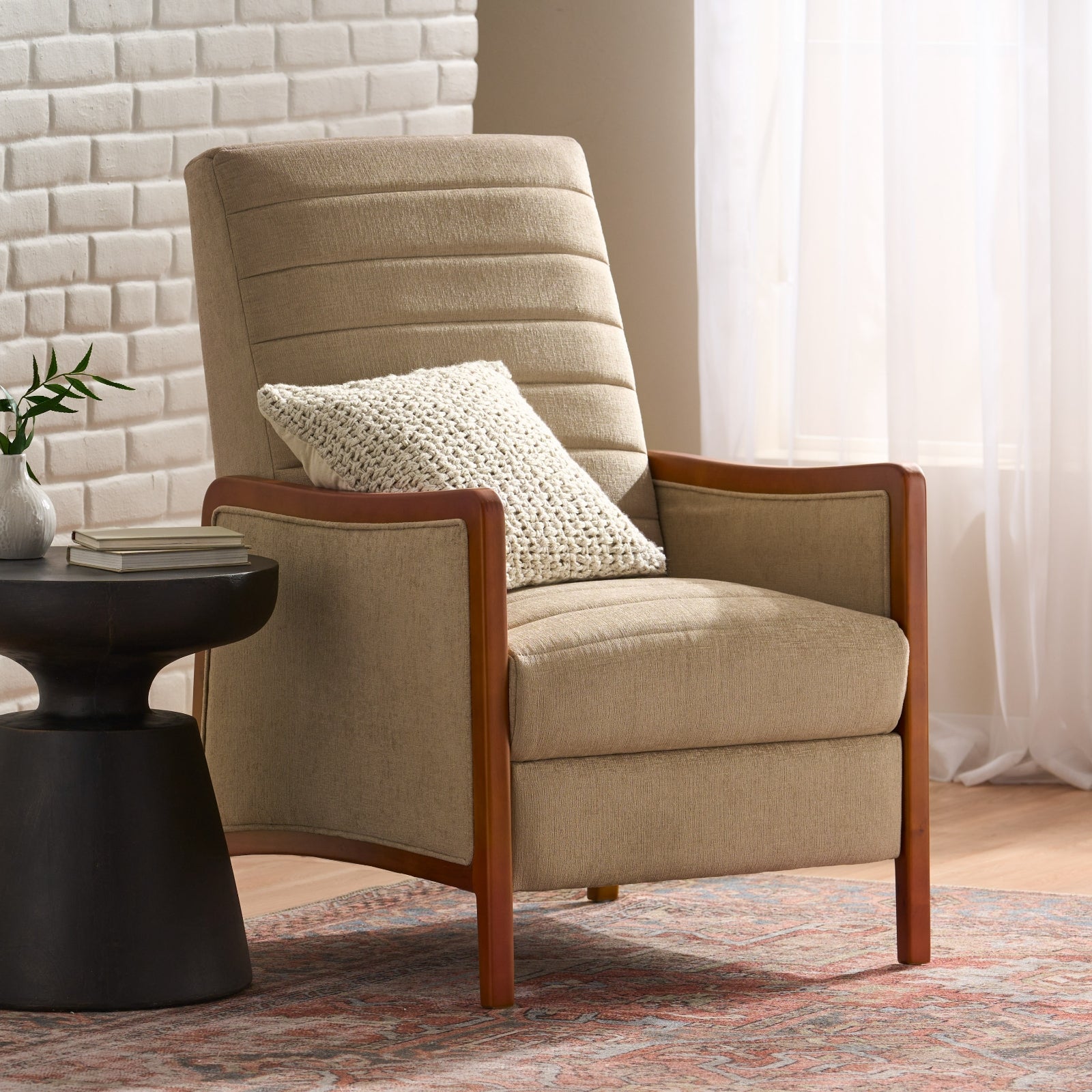 Mid Century Modern Fabric Channel   Wood Pushback Recliner