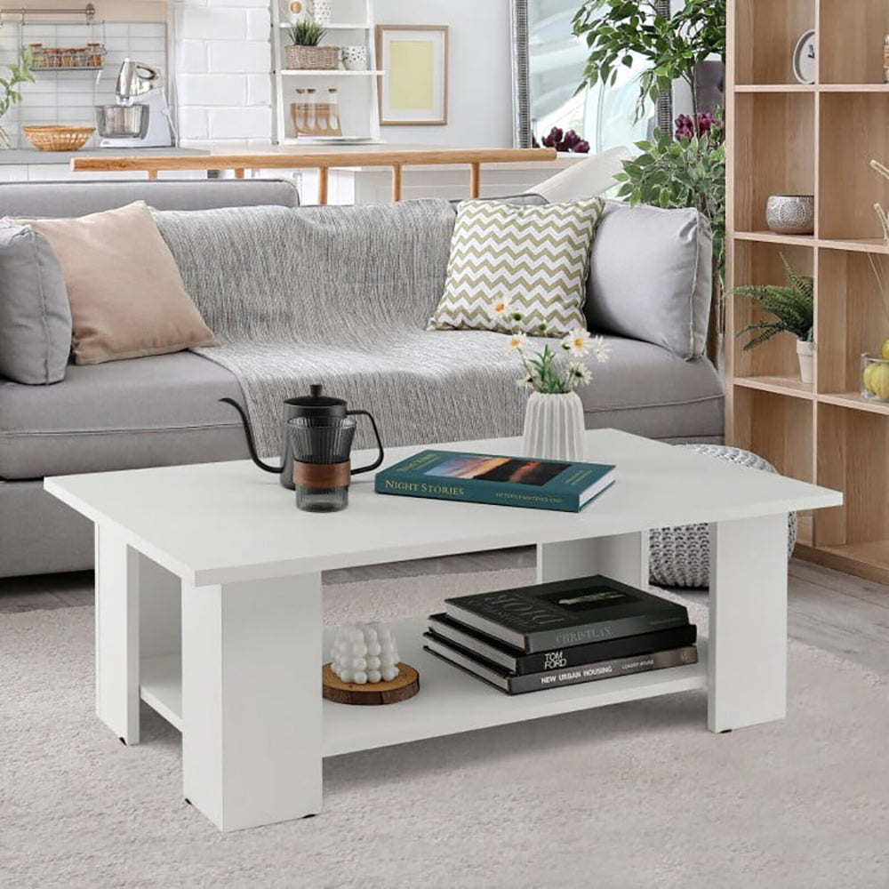 Large 41 Inch 2-tier Wooden Modern Coffee Table With Storage Shelf