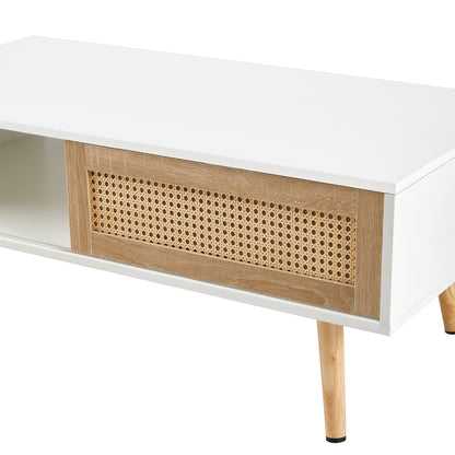 Rattan Coffee Table With Sliding Door And Solid Wood Legs - Modern Living Room