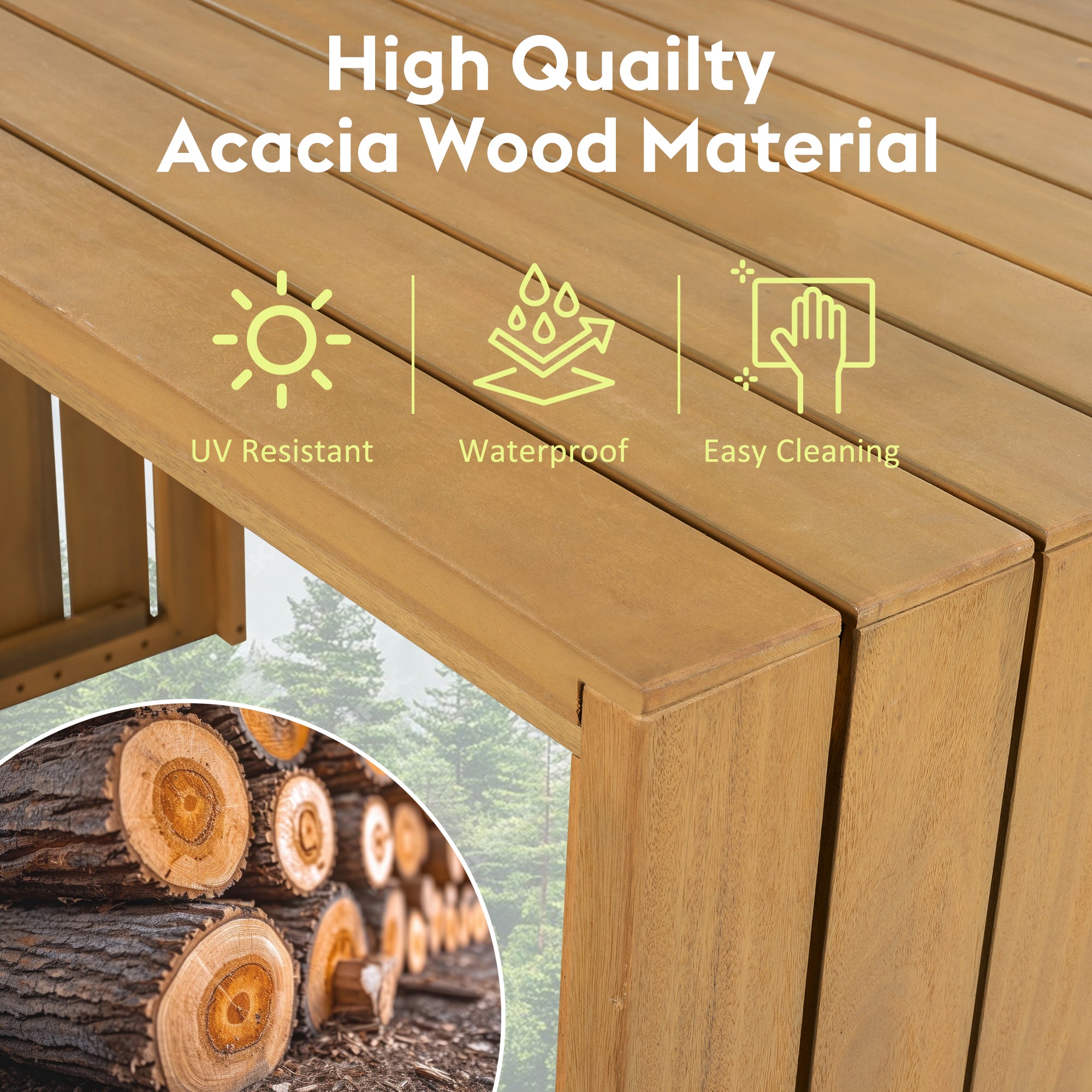 5 Piece Outdoor Bar Set, Patio Acacia Wood Bar Height Table & Four Stools With Cushions, Wood Dining Bar Set For Backyard, Poolside, Balcony, Beige