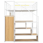 Full Size Metal Loft Bed With Built-in Work Station, Wardrobe, Storage Staircase And LED, White