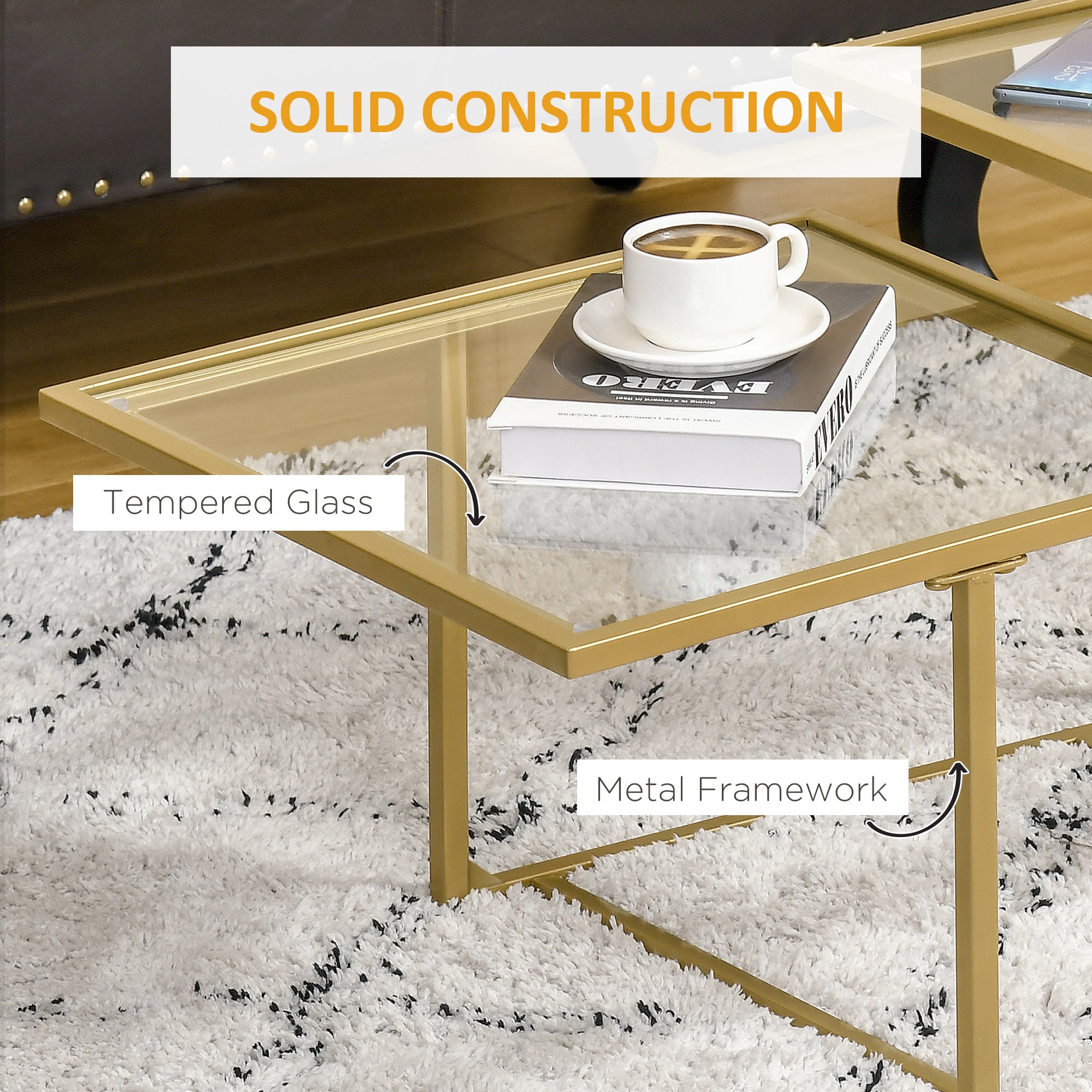 Coffee Table, Tempered Glass Coffee Table with 2 Square Tabletops, Modern Coffee Tables for Living Room, Bedroom, Gold