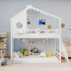 A-B Combination Sale, Please Do Not Buy Separately---Wood Twin Over Twin House Bunk Bed, Loft Bed With Ladder, Safety Guardrail, Wooden Slats & Window