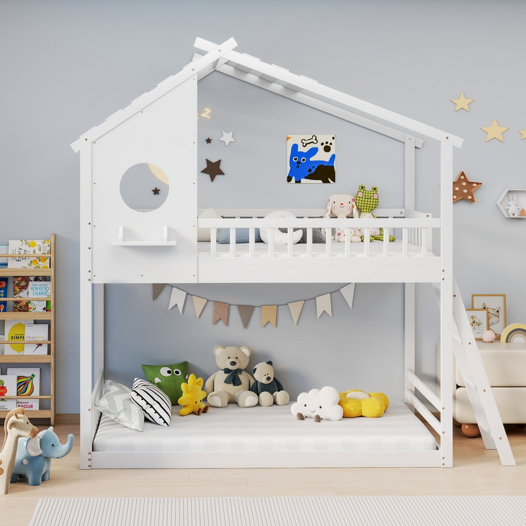 A-B Combination Sale, Please Do Not Buy Separately---Wood Twin Over Twin House Bunk Bed, Loft Bed With Ladder, Safety Guardrail, Wooden Slats & Window