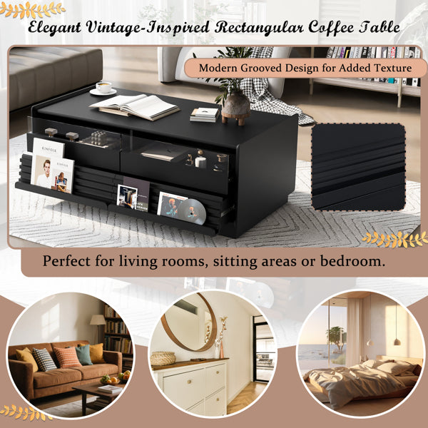 Modern Rectangle Coffee Table With 4 Drawers And 2 Display Shelves, Wood Coffee Table With Fluted Style, Tempered Glass For Living Room