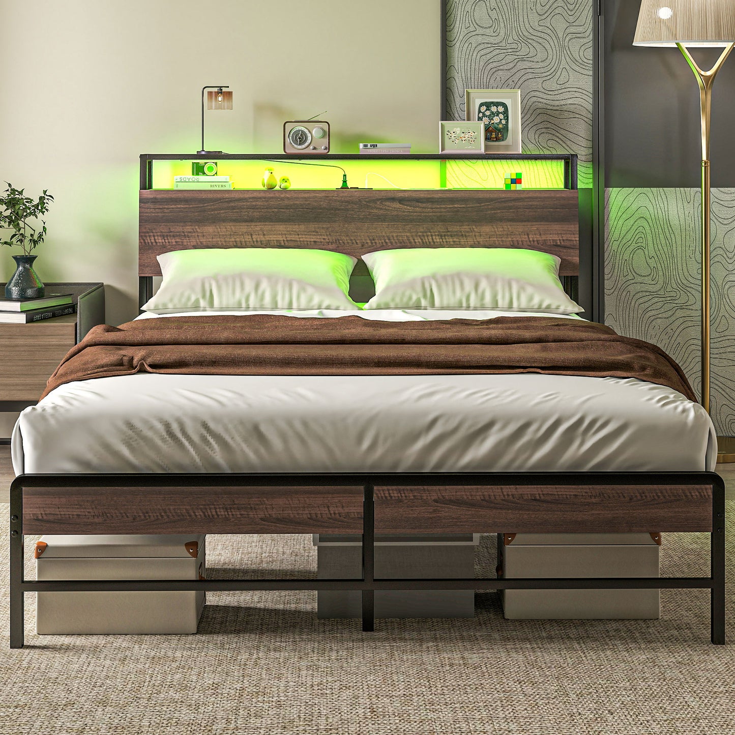 Queen Size Bed Frame with LED Lights and Charging Station, Queen Bed Frame with Storage Headboard, Noise-Free, Walnut