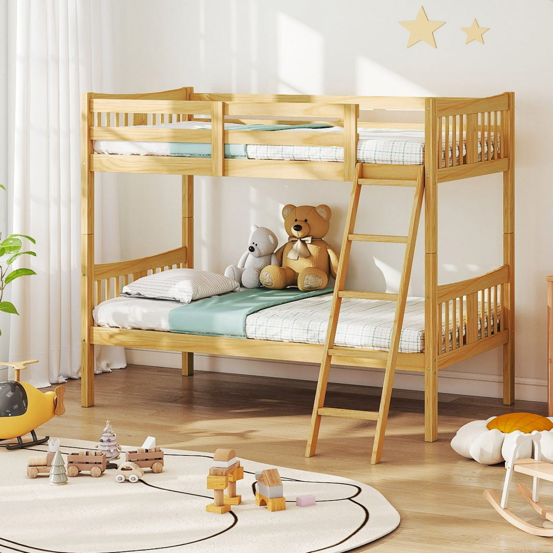 A-B Combination For Sale, Please Do Not Buy Separately--Loft Bunk Bed Twin Over Twin, Solid Wood Frame With Slats, Bunk Beds With Ladder And Guardrail