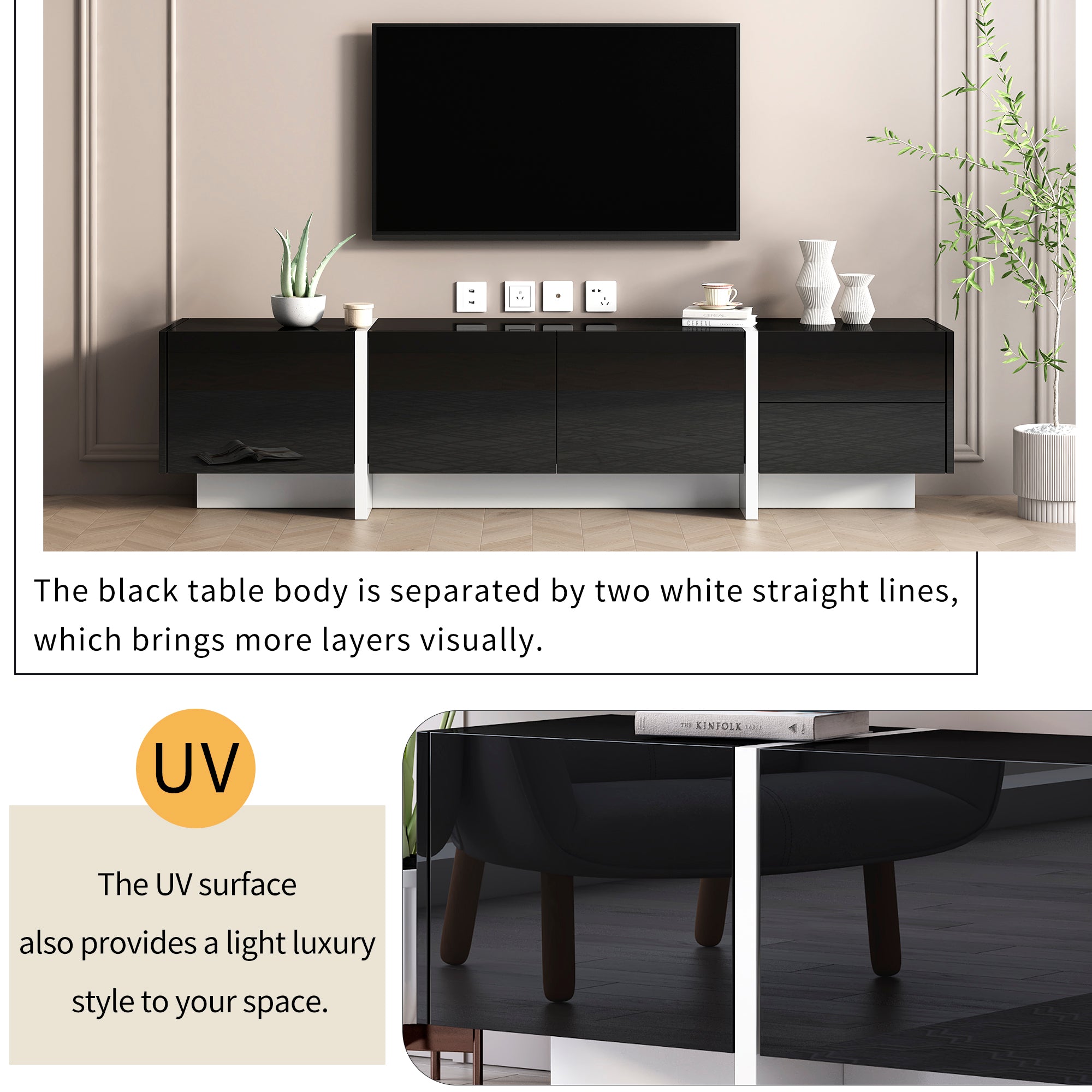 ON-TREND White & Black Contemporary Rectangle Design TV Stand, Unique Style TV Console Table For TVs Up To 80'', Modern TV Cabinet With High Gloss UV Surface For Living Room.