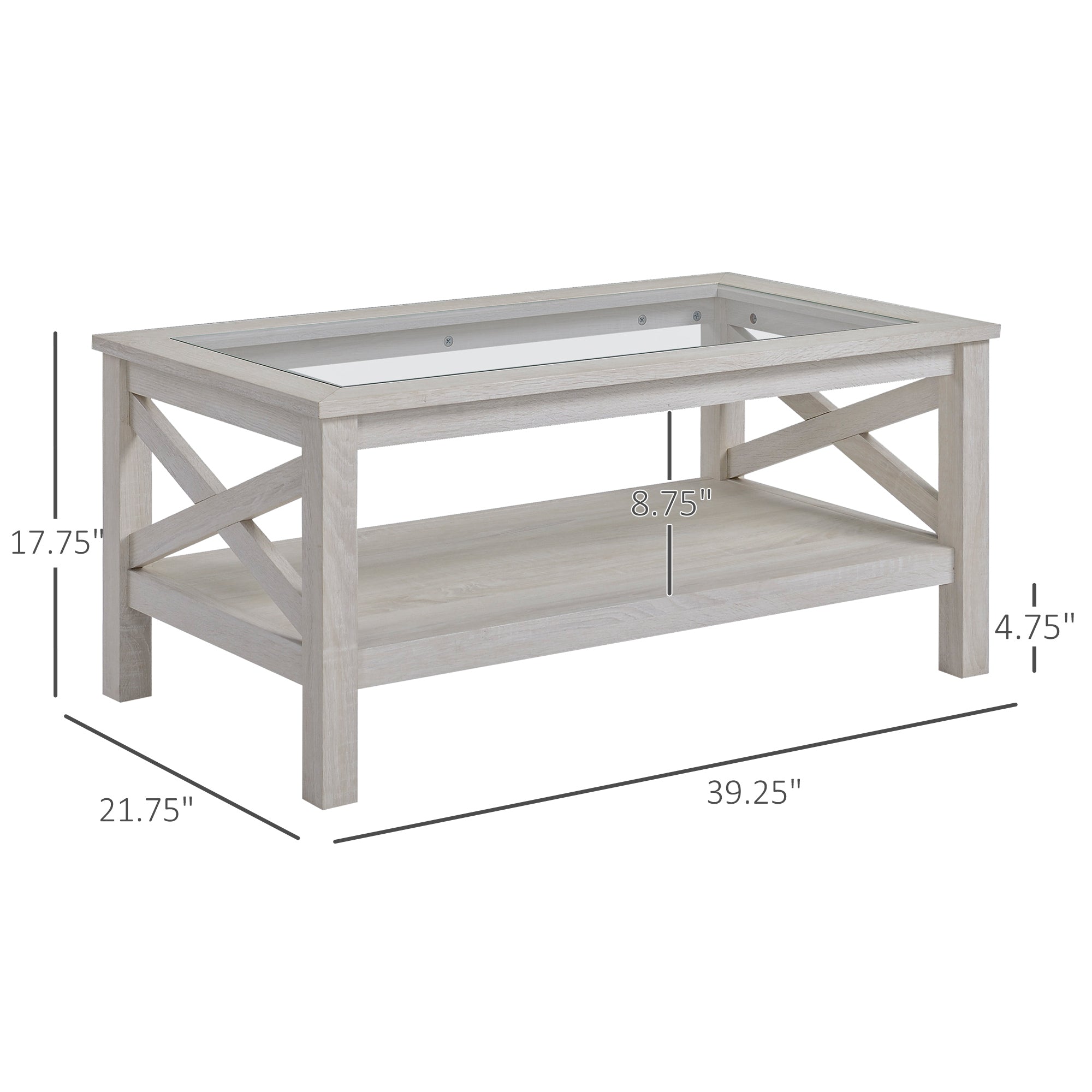 Coffee Table with Tempered Glass Tabletop, Living Room Table with Wood Frame and Underneath Storage Shelf, White Oak