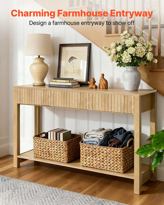 47 In Console Table, Farmhouse Desk Behind The Couch With Drawers And Bottom Storage Shelf, Wooden Rectangle Entrance Narrow Sofa Table For Hallway, Bedroom, Living Room, Foyer, Burlywood