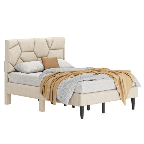 Queen Bed Frame, Linen Storage Headboard, Strong And Stable, No Noise, No Box Spring, Weight 397lbs