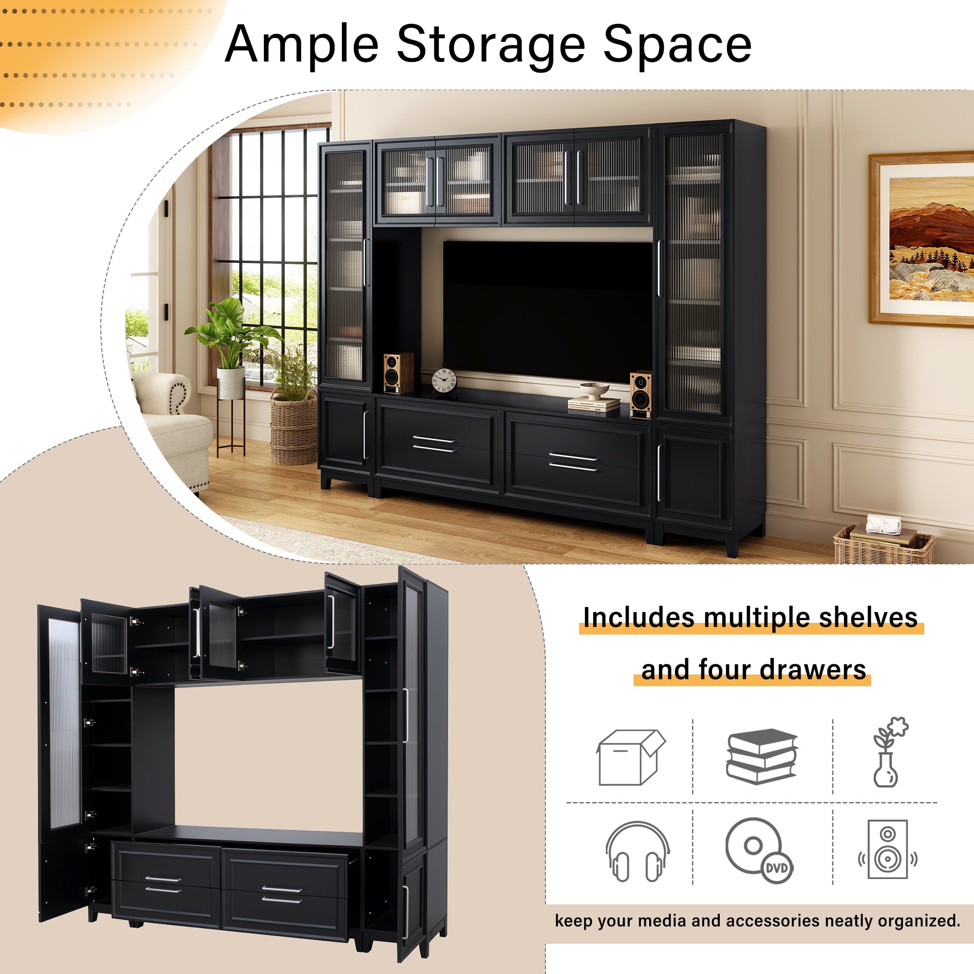 VIBE HAUS 102 W Wall Unit Modern Entertainment Center With Glass Doors For TVs Up To 75, Large Minimalist TV Stand Media Console With Drawers For Living Room