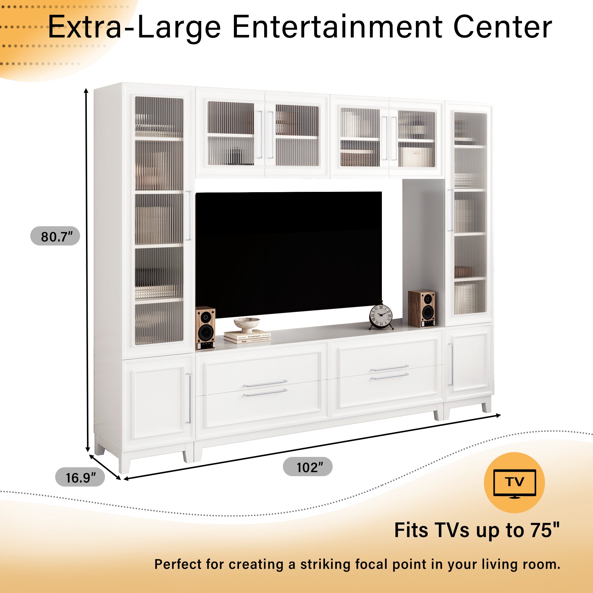 VIBE HAUS 102 W Wall Unit Modern Entertainment Center With Glass Doors For TVs Up To 75, Large Minimalist TV Stand Media Console With Drawers For Living Room