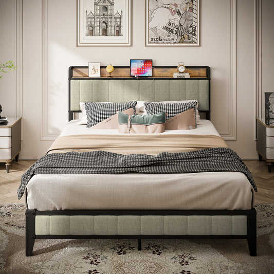 Queen Size Bed Frame With Charging Station, Upholstered Headboard, Metal Platform, Grey