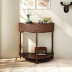 Artisan-Crafted Wave-Pattern Demi-Lune Console Table With Brown Woodgrain,Unique Half Moon Design End Table With 2 Storage Drawers And Bottom Shelf For Living Room, Bedroom, Study, Hallway