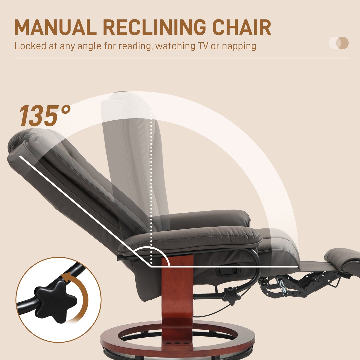 Modern RV Recliner Chair, PU Leather Swivel Recliner Armchair with Footrest for Living Room, Brown