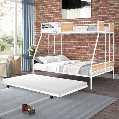 Metal Twin Over Full Bunk Bed With Trundle, Heavy-Duty, Noise Reduced, Guardrail