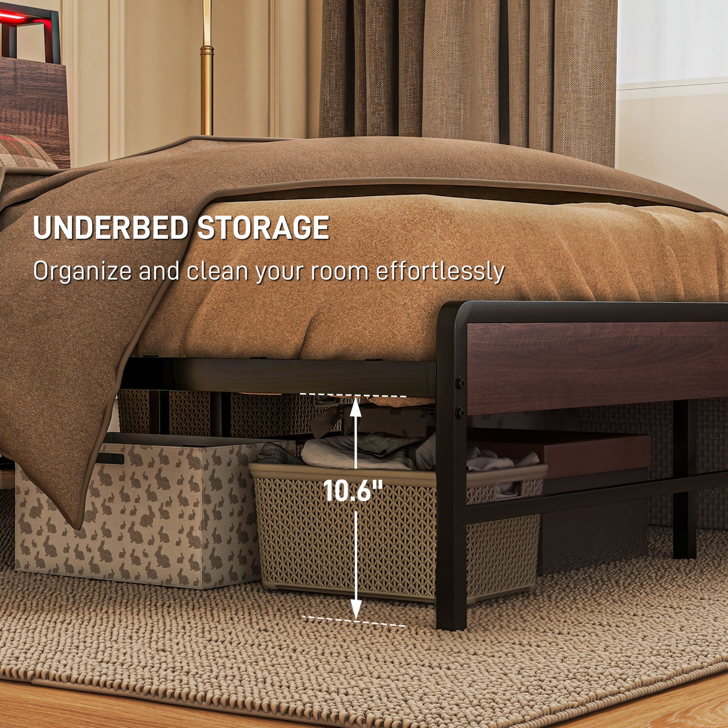Queen Size Bed Frame with LED Lights and Charging Station, Queen Bed Frame with Storage Headboard, Noise-Free, Walnut