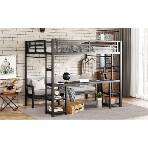 Queen Over Twin XL Metal Bunk Bed Loft Bed With Desk And Shelves, Multiple Uses Folds Into Sofa With LED And USB, Black