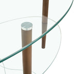 Transparent Oval Glass Coffee Table, 3-Layer Oak Leg Modern Living Room Table