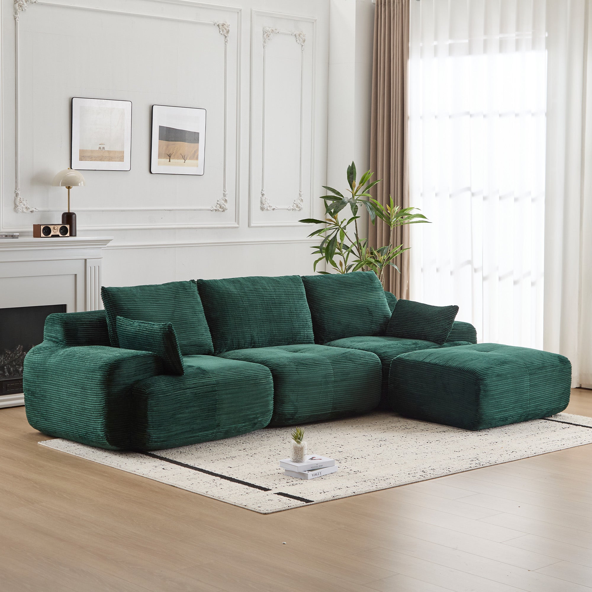Modern Memory Foam Compressed Sofa,Large Sectional Couches For Living Room,Pet-Friendly Cloud Modular Sectional Sofa,Corduroy Fabric,Extra Deep Loveseat,No Assembly Required,Green