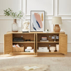 64-inch Wave Shaped TV Stand, Rounded Corner Sideboard, Storage Cabinet, Buffet, Wood Vertical Striped Cabinet With Rattan Doors For Kitchen Bedroom Entryway. Natural, 64W X 15D X 24H