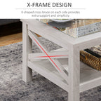 Coffee Table with Tempered Glass Tabletop, Living Room Table with Wood Frame and Underneath Storage Shelf, White Oak
