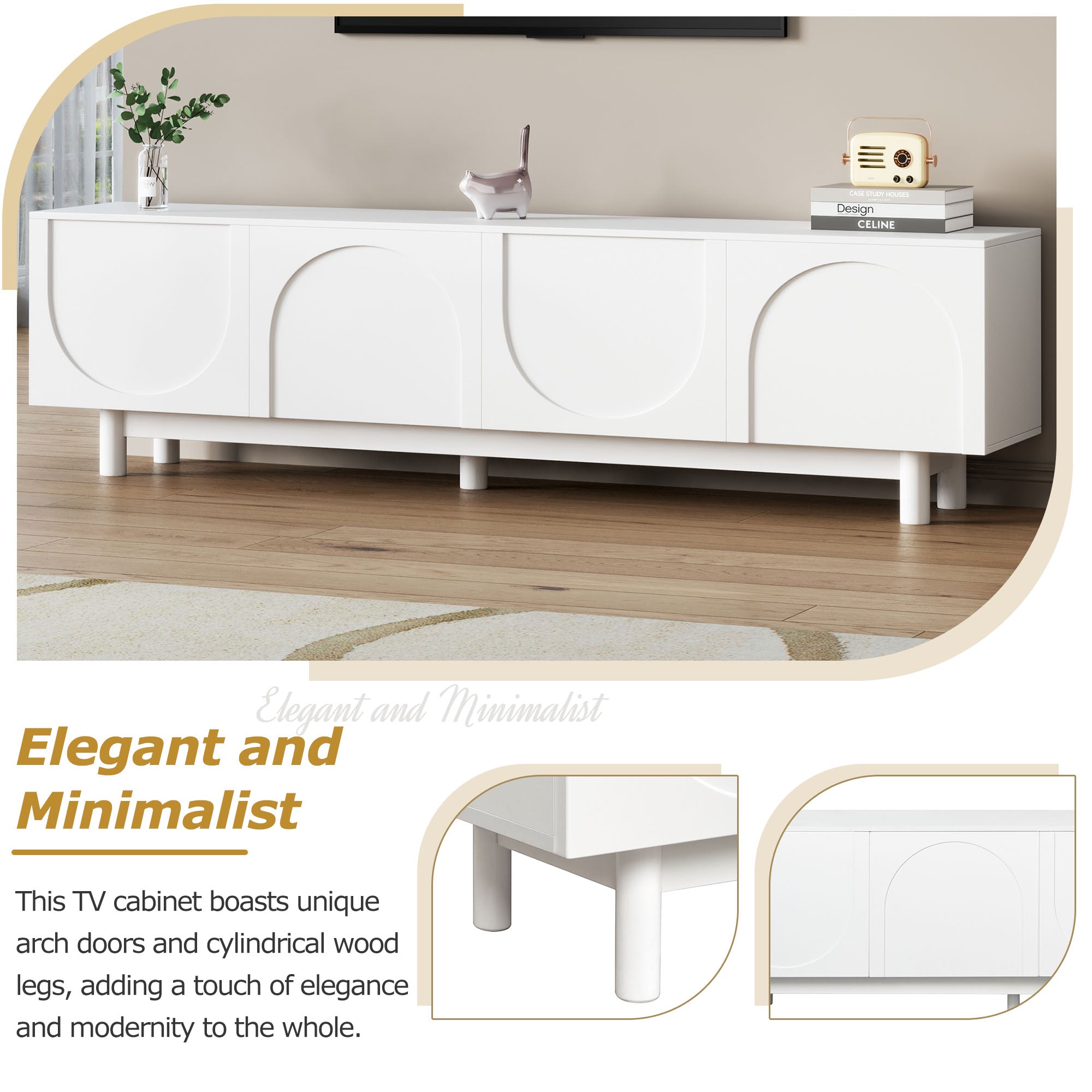 ON-TREND Graceful TV Stand With Arch Cabinets For TVs Up To 78'', Minimalist Entertainment Center With Solid Wood Legs, Practical Media Console With Adjustable Shelves For Living Room, White