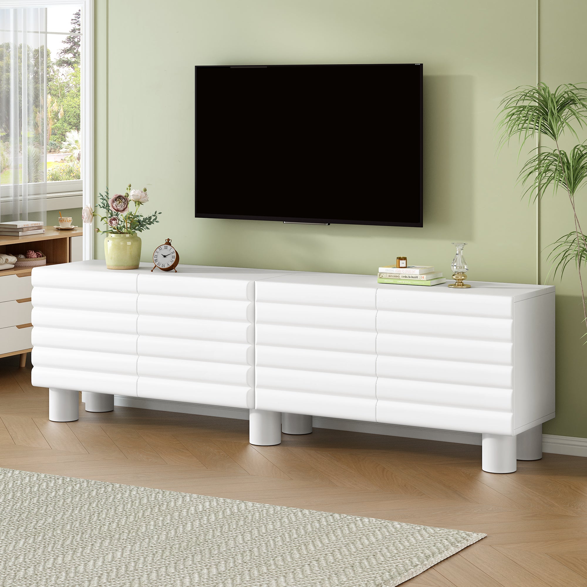 Stylish Thick Wavy Door TV Cabinet With Adjustable Shelves, Cream Style TV Stand With 4 Cabinets For TVs Up To 75, Solid Media Console With Cylindrical Legs And Cable Holes For Living Room, White
