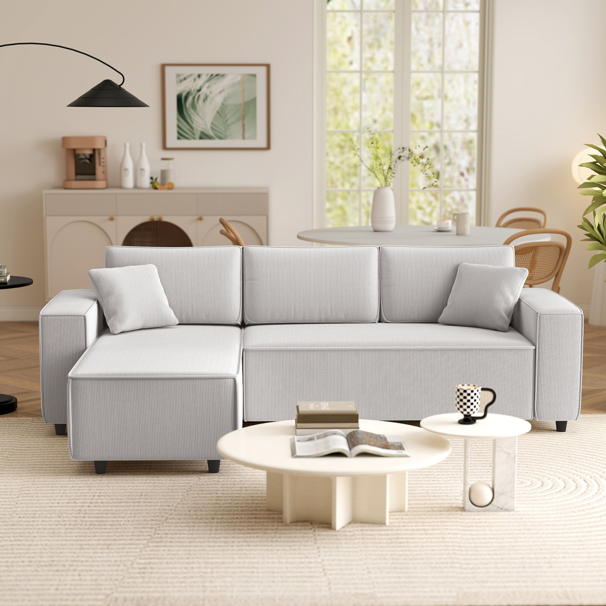 Corner Sofa with Reversible Chaise Lounge, Corduroy L-Shaped Sectional Sofa with Pocket Spring, Light Gray